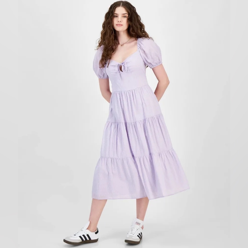 Kingston Grey NWT Macys lavender textured puff sleeve tiered midi dress smocked